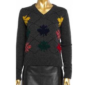 NEW DSQUARED2 Thick Wool Sweater XS Gray Maple Leaf Diamond Argyle Chunky Knit